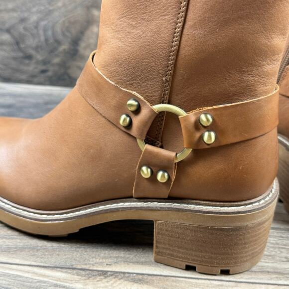 Steve Madden Cordelia 9M Cognac Leather Block Heel Harness Biker Ankle Boot - Picture 7 of 12